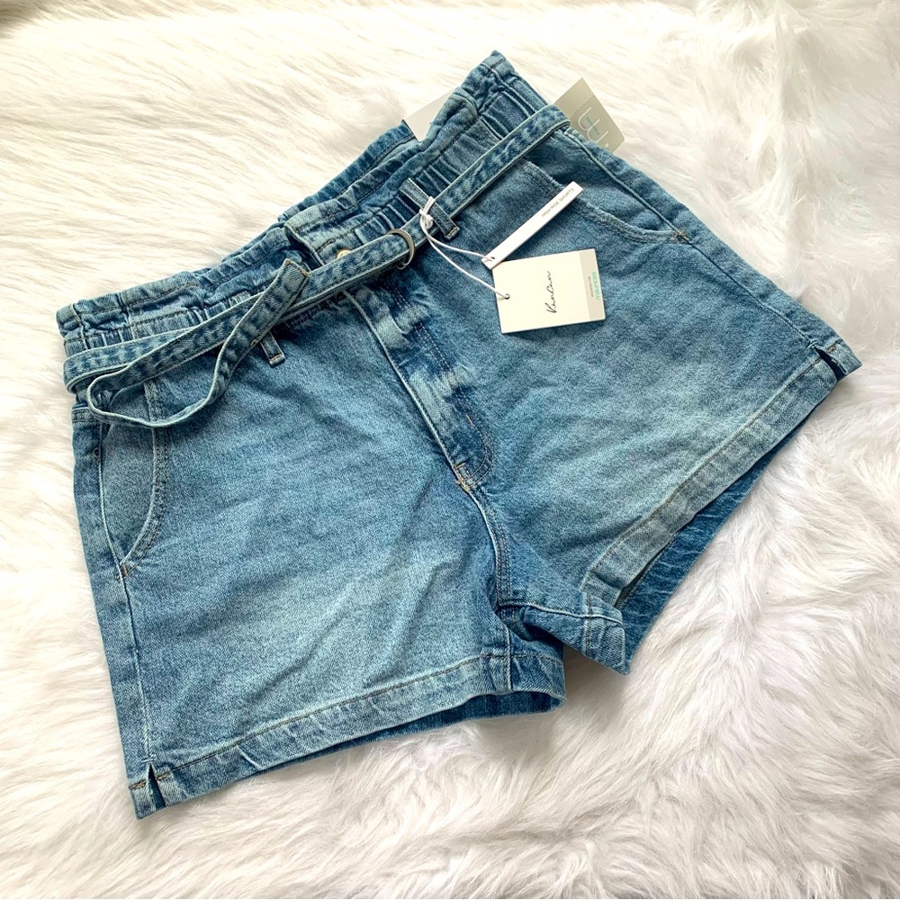 KanCan High Rise Denim Shorts Medium Wash Belted - Picture 1 of 13